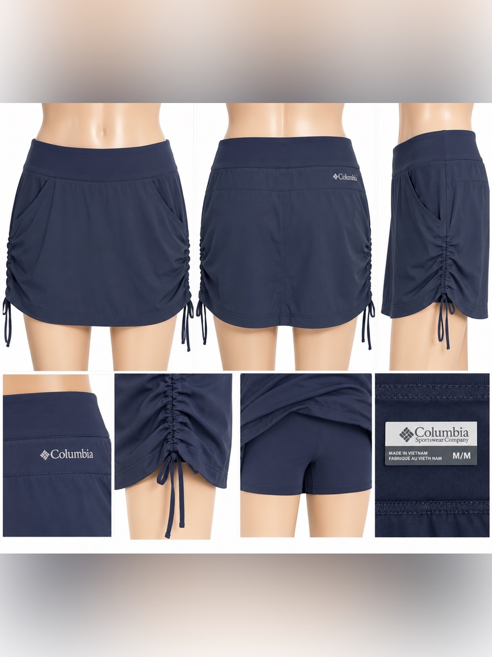 Columbia Anytime Casual Skort Women’s Medium Navy Blue Ruched Drawstring Athleti